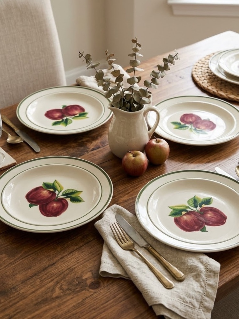 Vintage Apple Stoneware Plates - Cream with Red Apple Motif (Set of 4)